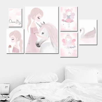 Pink Pige Fe Swan Hest Drøm Stor Citater Væg Kunst, Lærred Maleri Nordiske Plakater Og Prints Væg Billeder For Kids Room Decor