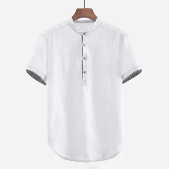 Mænd er ensfarvet bomuld og linned-knappen kort-langærmet stand-krave skjorte mode sommeren forfriskende løs bomuld 04*