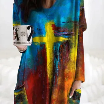Kvinders Jesus Kors Udskrivning Sweatshirt Kvinder, Løs, Afslappet Farve Blok Tie dye Bluse Toppe, langærmede Round-neck Pullover