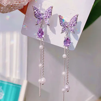 2020 Koreanske Nye Mode Elegant Lilla Perle Øreringe Temperament Long Bow Vedhæng, Øreringe Og Elegant Dame Smykker
