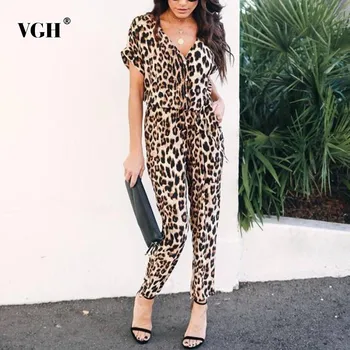 VGH Foråret Sexede Kvinder i Fuld Længde Jumpsuits Korte Ærmer V-Hals Leopard Print snøre Vinger 2020 Nye Mode Tøj til Kvinder