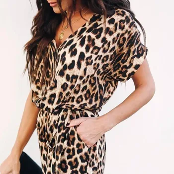 VGH Foråret Sexede Kvinder i Fuld Længde Jumpsuits Korte Ærmer V-Hals Leopard Print snøre Vinger 2020 Nye Mode Tøj til Kvinder