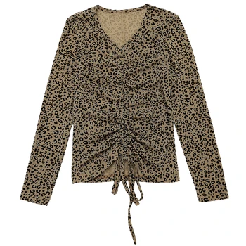Fall Vinter Europæisk Tøj, T-Shirt Mode Sexet Leopard Print Kvinder med Lange Ærmer snøre Toppe Casual Bunden Tees Nye T08911L