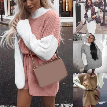 Kvinder Sweater Mode Efterår Og Vinter Strik Casual Farve Blokering Fuld Ærme Rullekrave Dovne Løs Pullover Sweater A40#