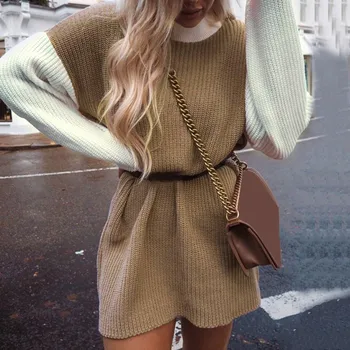 Kvinder Sweater Mode Efterår Og Vinter Strik Casual Farve Blokering Fuld Ærme Rullekrave Dovne Løs Pullover Sweater A40#