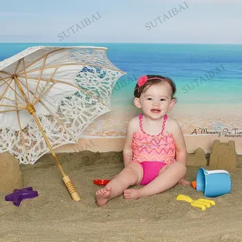 Sommeren Sandstrand Baggrund for Fotografering Blå Himmel over Havet Søstjerner Conch Shell Cocount Træ Børn Falder Tilbage til Foto-Video