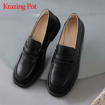 Krazing Pot naturlige læder rund tå med hæl Britisk stil foråret mærke sko dybt munden glide på klassisk farve kvinder pumper L05