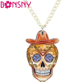 Bonsny Erklæring Akryl Halloween Cowboy Skelet Skull Halskæde Vedhæng Mode Smykker Kæde, Charme For Kvinder, Piger, Damer