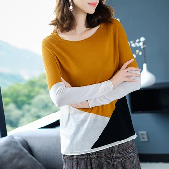 Sweater Kvinder Pullover 2020 Ny Løs Efterår Og Vinter Fashion Trøjer Strikket Patchwork Jumpere Kvindelige Koreanske Kvinders Tøj