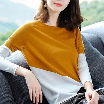 Sweater Kvinder Pullover 2020 Ny Løs Efterår Og Vinter Fashion Trøjer Strikket Patchwork Jumpere Kvindelige Koreanske Kvinders Tøj