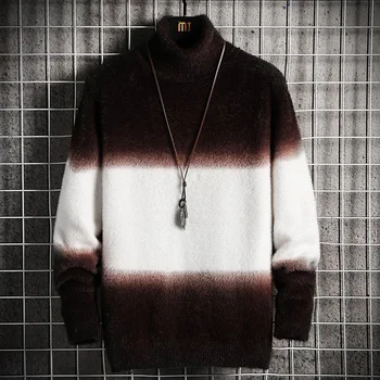 2020 Mænd Ny Stil for Faux Mink Fleece Sweater Unge Mode Gradient Rullekrave Langærmet Pullover Sweater