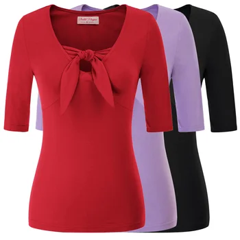 Belle Poque Vintage Kvinder T-Shirt Ensfarvet T-Shirt Blød Stretch 1/2 Ærmer V-Hals Uafgjort Detaljer Bomuld T-Shirt Dame Toppe Sommer