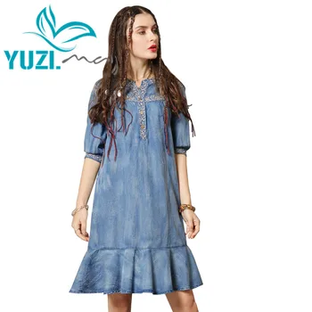 Sommer Kjole 2019 Yuzi.kan Boho Nye Denim Kvinder kjoler med V-Hals Halvt Ærme Flæser Forneden Vestidos A82150 Vestido Kvindelige