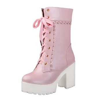 Kvinder mid-rør støvler søde blonder firkantet hæl trendy nude støvler kvinder i sort og hvid med pink lace-up prinsesse støvler