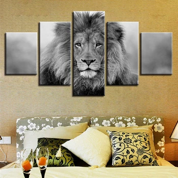 Sort Og Hvidt Dyr, Modulære Lærred Billeder, Kunst 5 Stykker Lion Plakat Indretning Stue Væggen HD Udskrivning Malerier Ramme