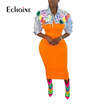 Echoine Kvinder Kort Denim Jakker Og Nye Moderne Farverige Bogstaver, Print, Lange Ærmer Piger Korte Frakker Streetwear Crop Tops