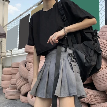 Casual Harajuku Solid A-Linje Kvinder Vintage Nederdel Plisserede Lommer, Høj Talje Nederdele Koreanske Vinger Over Knæet Kawaii Nederdele
