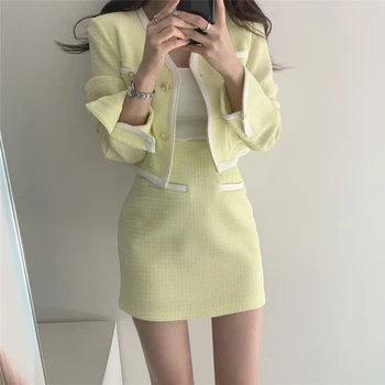 Efteråret koreanske 2020 Nye Kvinder Casual Sæt Elegante Solid Enkelt-Breasted Cardigan Kort Jakke + Bodycon Nederdel To-delt Sæt