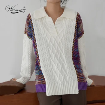 Fall Winter Kvinder Overdimensionerede Plaid Sweater Mode Turn-Down Krave Patchwork, Varm Strik Pullover Casual Kvindelige C-327