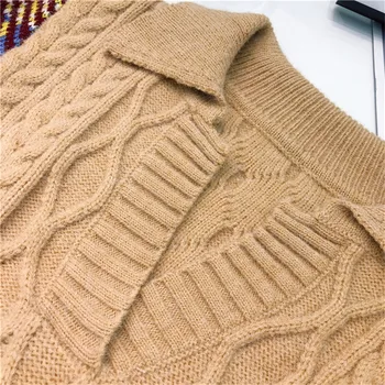 Fall Winter Kvinder Overdimensionerede Plaid Sweater Mode Turn-Down Krave Patchwork, Varm Strik Pullover Casual Kvindelige C-327