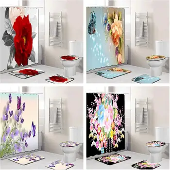 Elegant Blomster Mønster badeforhæng Mat Sæt Skridsikre Tæpper Tæppe til Badeværelse Toilet Bad