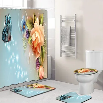 Elegant Blomster Mønster badeforhæng Mat Sæt Skridsikre Tæpper Tæppe til Badeværelse Toilet Bad