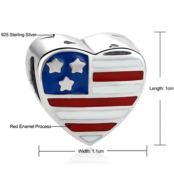 Ægte 925 Sterling Sølv Perler Elsker USA Flag Charms Med Emalje Perler Passer Oprindelige Armbånd Kvinder DIY Smykker