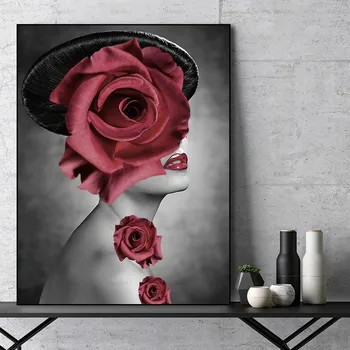 Conisi Abstrakte Rose Skønhed Væg Kunst, Lærred Maleri Udskriver Damer Bære Blomster Rose Hat Plakat Hjem Indrettet til Soveværelse Dekoration