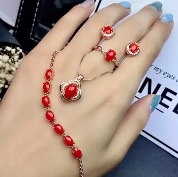 KJJEAXCMY fine smykker naturlig rød koral 925 sterling sølv kvinder, halskæde, armbånd, ringe, øreringe og sæt støtte test populære