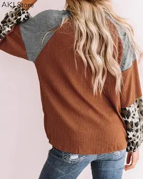 Kvinder Leopard Udskrive Fashion Colorblock langærmet Strik Sweater Plus Størrelse 2XL