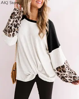 Kvinder Leopard Udskrive Fashion Colorblock langærmet Strik Sweater Plus Størrelse 2XL