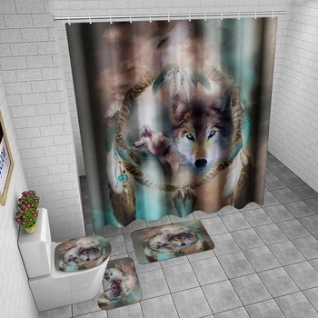 180x180cm 1Pc/3Pcs/4stk White Wolf Dream Catcher Wolf Eyes Med 12 Kroge Badeværelse badeforhæng Toilet Mat Låg Tæppe Gardin Sæt