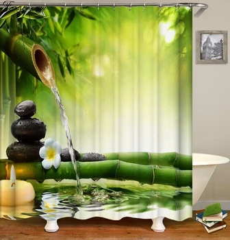 Jardin Zen badeforhæng Med Kroge stof 3d badeværelse badeforhæng Grønne gardin vandtæt Badekar Gardiner Eller Mat