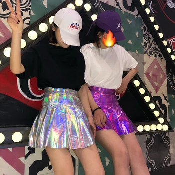 2019 Sommer Mode Kvinder PU Solid Harajuku Casual Sexy Laser Højde Talje Micro Mini Kort JK Nederdele Holografiske Plisserede Nederdele