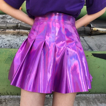 2019 Sommer Mode Kvinder PU Solid Harajuku Casual Sexy Laser Højde Talje Micro Mini Kort JK Nederdele Holografiske Plisserede Nederdele