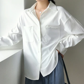 OL Style White Shirts til Kvinder, Turn-down Krave, Lommer Kvinder Bluse Toppe, Elegant Arbejdstøj Overdele blusas femme 2020 Efteråret