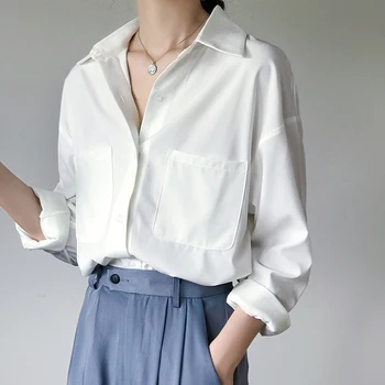 OL Style White Shirts til Kvinder, Turn-down Krave, Lommer Kvinder Bluse Toppe, Elegant Arbejdstøj Overdele blusas femme 2020 Efteråret