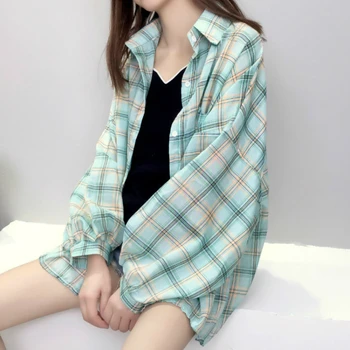 Skjorter Kvinder Turn-down Krave Plaid Casual Chic Oversize Daglige Outwear Dame Shirt koreansk Stil Streetwear Sol-bevis Harajuku