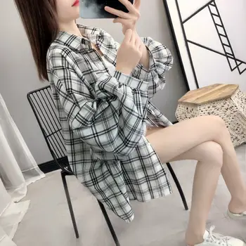 Skjorter Kvinder Turn-down Krave Plaid Casual Chic Oversize Daglige Outwear Dame Shirt koreansk Stil Streetwear Sol-bevis Harajuku