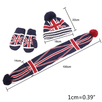 Toddler Børn 3 Stykker Vinter Varm Beanie Hue Lange Halstørklæde, Handsker Sæt USA Amerikanske STORBRITANNIEN Britisk Flag Strikket Pompom Skull Cap