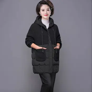 Vinteren lam uld frakke Nye Hooded Cotton tøj kvindelige koreanske modetøj Tykkere splejse Ned jakke frakker kvinder parkacoats