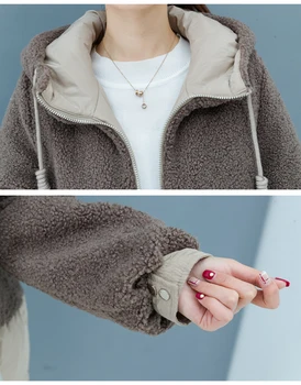 Vinteren lam uld frakke Nye Hooded Cotton tøj kvindelige koreanske modetøj Tykkere splejse Ned jakke frakker kvinder parkacoats