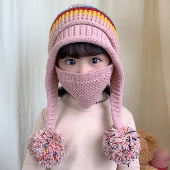 Vinteren Baby varm strik uld hætte børn tykkere plys bold hat dreng pige beanie skullies Harajuku elefanthue mode maske, hat sæt