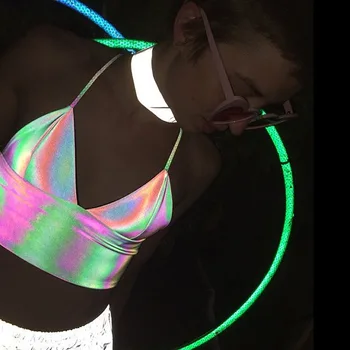 Reflekterende Crop Tops Kvinder Lys Rainbow Smart Tank Top Sommeren Sexet Camis Farverige Festtøj på Festival med 2 Spaghetti-Stropper