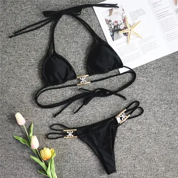 I-X Crystal bikini 2020 Sexet halterneck badedragt kvindelige Solid string bikini sæt High cut badetøj kvinder Shiny badedragt Badende
