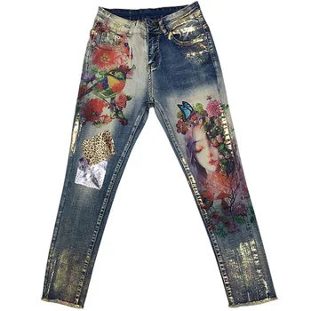 Elastiske jeans med 3D flower mønster farvet blyant bukser kvinder elegant style jeans, bukser, kvinders jeans Nye 2020-flare jeans