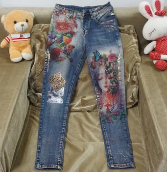 Elastiske jeans med 3D flower mønster farvet blyant bukser kvinder elegant style jeans, bukser, kvinders jeans Nye 2020-flare jeans