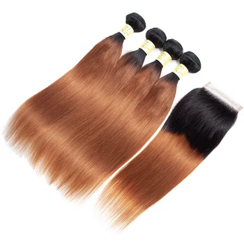 QueenLike Human Hair Produkter 3 4 Ombre Bundter Med Lukning Non Remy Farve 1B 30 Peruvianske Lige Hår Bundter Med Lukning