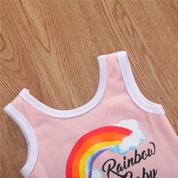 Nyfødte Baby Girls Rib-strikket Tøj Spædbarn Baby Pige Ærmeløs Blomst Rainbow Unisex Romper Toppe Høj Talje, Lomme-Shorts