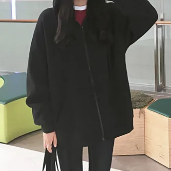 1155 Kvinder Korean Style hættetrøjer Vintage ensfarvet langærmet Overdimensionerede Hætte Sweatshirt Dame Casual Store Frakker